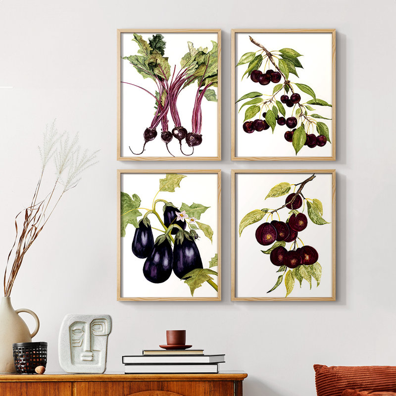 «Watercolor Beets», reproduction encadrée - ensemble de 4, Noir, H 20 po x l 16 po