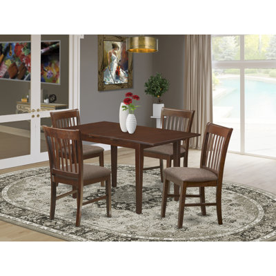 5 Piece Kitchen Table & Chairs Set Includes a Rectangle Dining Table with Butterfly Leaf and 4 Linen Fabric Dining Room Chairs, Mahogany