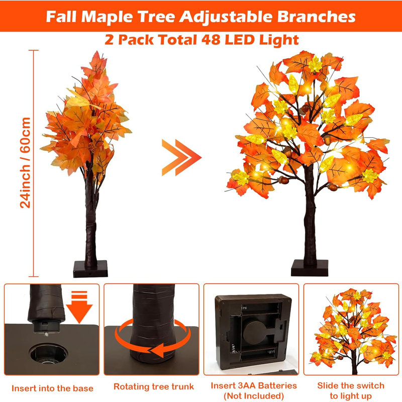2 Pack 24 Inch Prelit Fall Maple Tree Thanksgiving Decorations With 48 LED Lights