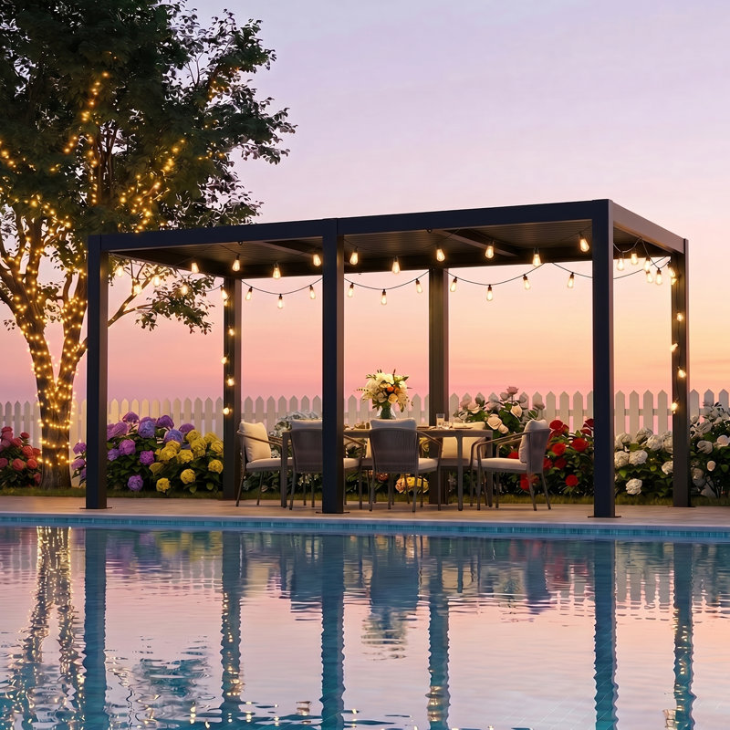 Pavillon de jardin d'extérieur à persiennes en aluminium 10 'x 20' avec toit réglable, système de drainage intégré, poteaux en aluminium robustes de 3,94 po