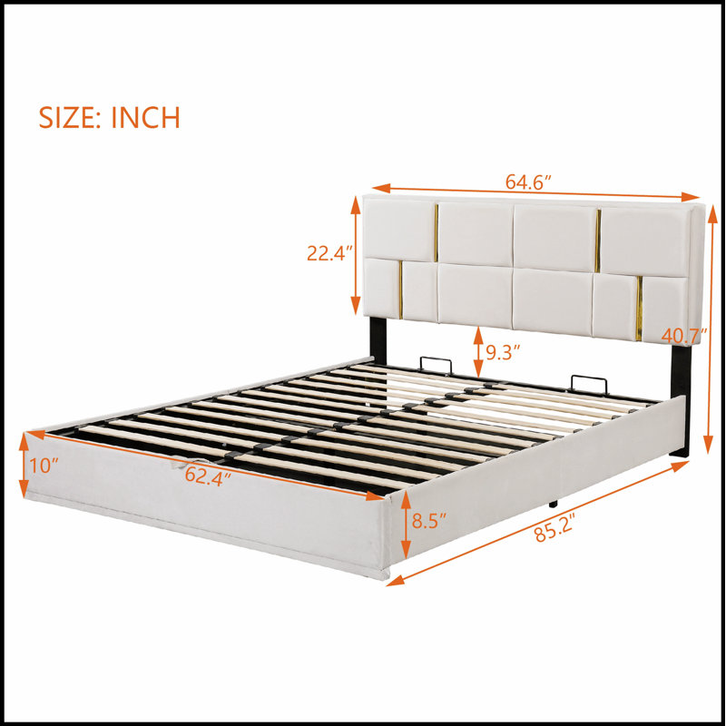 Lit plateforme tapissier avec système de rangement hydraulique, tête de lit en tissu doux et conception intemporelle pour un confort et une polyvalence ultimes