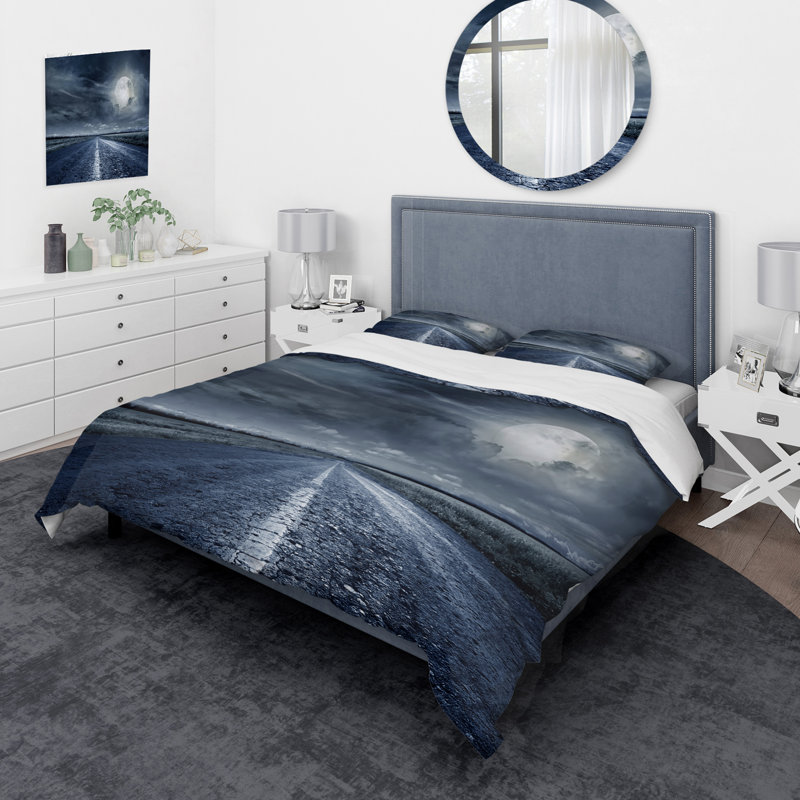 Asphalt Road Under Cloudy Full Moon II - Ensemble de housse de couette nautique et côtier - Polyester en microfibre