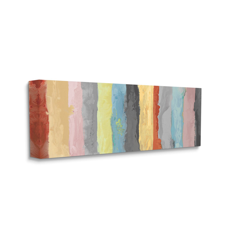 Motif de rayures abstraites à coups de pinceau bleu jaune rose par Randy Hibberd - Peinture, Toile tendue, H 17 po x l 40 po
