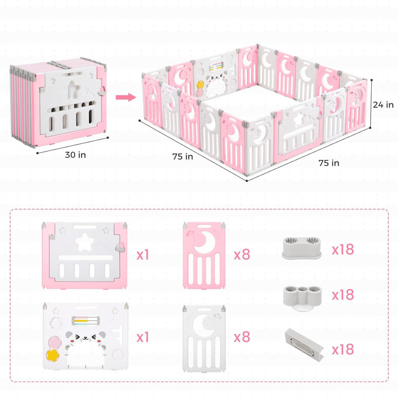 Safe Foldable No - Gaps Baby Playpen for Exploration, Pink/White, 24" H x 75" W x 75" D