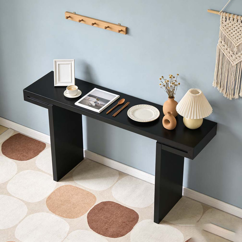 60-Inch Console Table with Geometric Clean Lines Design, Black