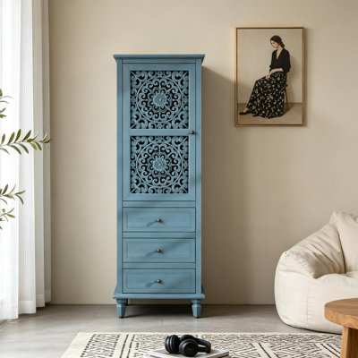 63" Tall Farmhouse Storage Cabinet with Carved Door and 3 Drawers, Freestanding Vintage Accent Cabinet with Interior Storage for Living Room, Entryway