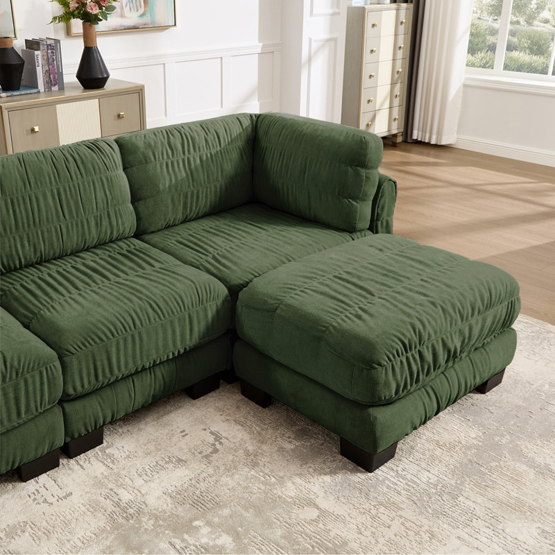 Canapé d'angle modulaire deux places en chenille à détails froncés, mousse haute densité, 109.4, Vert