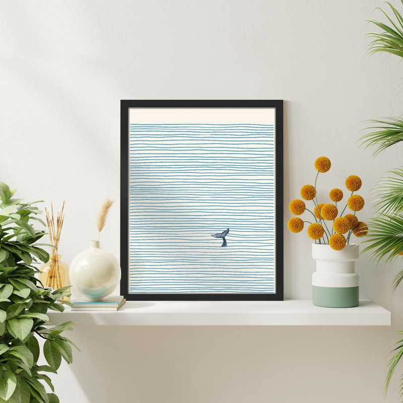 «Baleine solitaire, queue nautique rayée» sur papier, Noir, H 14 po x l 11 po