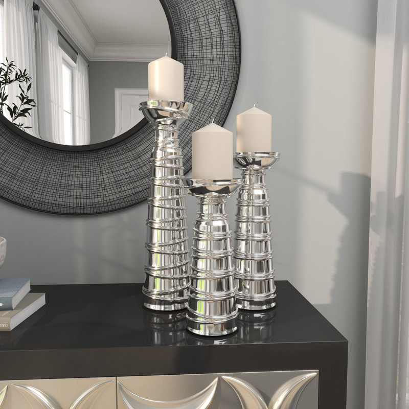 Elegant Silver Ceramic Candlestick Trio, Set of 3