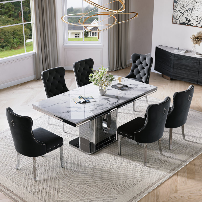 Dining Table Set, Modern Faux Marble Dining Table, 70.08" Luxury Dinning Table With With Velvet Chairs, Kitchen Dining Room Sets For Dinner Dinette Breakfast Banquet