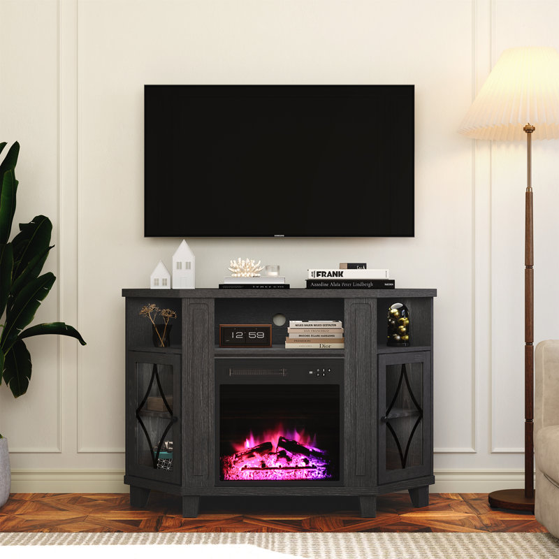 Meuble télé d'angle pour téléviseur de 55 po ou moins avec foyer inclus, Noir, noir, noir, noir