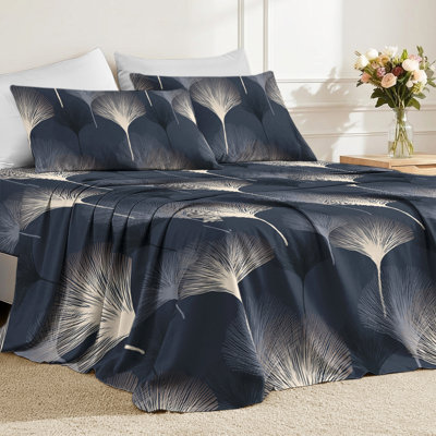 Ensemble de draps pour grand lit, draps à imprimé papillons or bleu, ensembles de literie en microfibre douce avec drap-housse à poche profonde, drap plat et taies d'oreiller