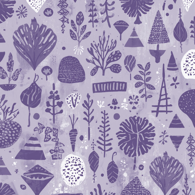 Black Botanical Patterns Blankets, 50in W x 60in H, Medium Purple Light White 2