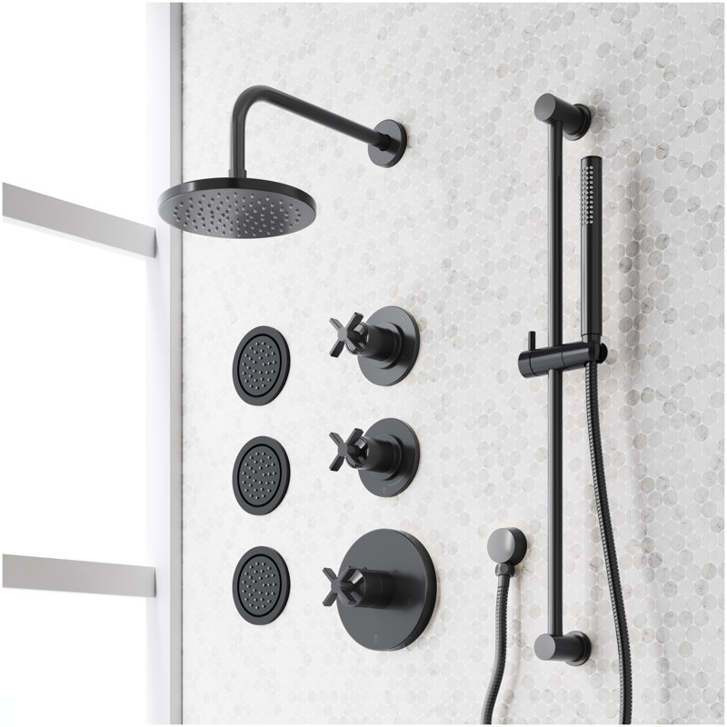 Vassor Thermostatic Shower System With 3 Body Sprays, Slide Bar and Hand Shower - Matte Black, Matte Black