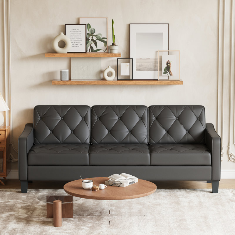 82” Wide Mid-Century Modern 3-Seater Sofa, Black Faux Leather