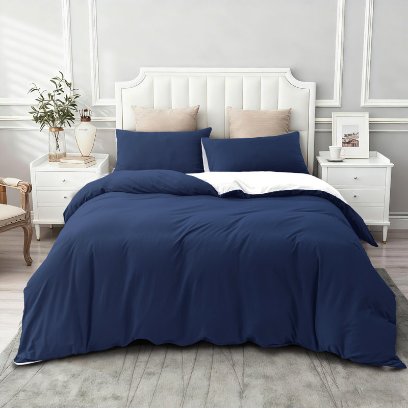 Ensemble de housse de couette en jersey de coton réversible pour grand lit Jersey, Bleu marine/blanc