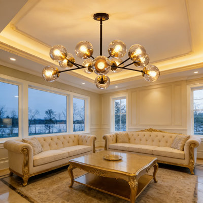 Mid-Century Modern 12-Light Sputnik Chandelier, Semi-Flush Mount Ceiling Light Fixture With Glass Shades For Kitchen, Dining Room, Living Room, Bedroom, And High Ceilings