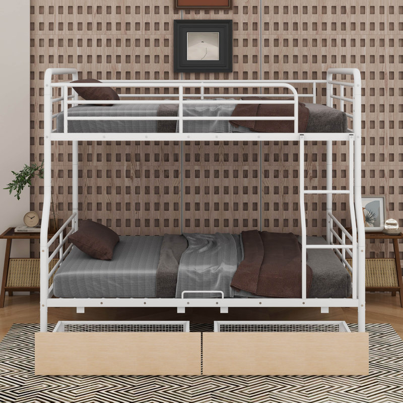 Full XL Over Queen Metal Bunk Bed With Drawers, White