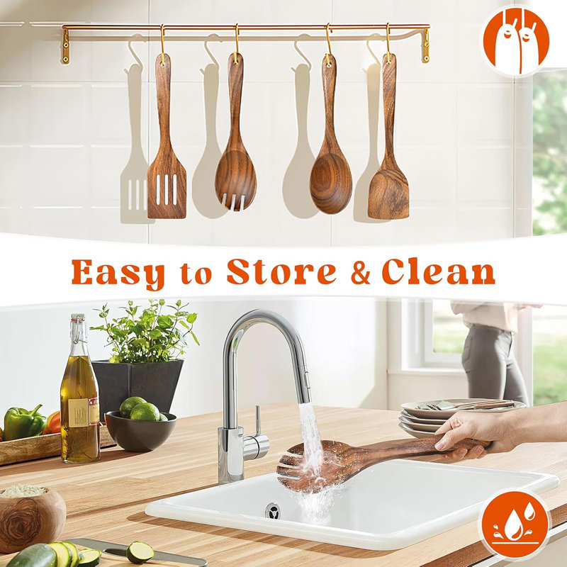 Ensemble d'ustensiles de cuisine en bois d'acacia - 4 pièces d'outils de cuisine antiadhésifs avec de longues poignées pour le mélange, la cuisson et le service