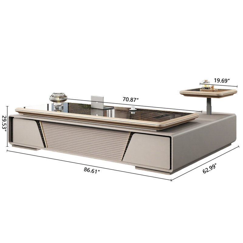 Bureau de direction multifonctionnel de luxe léger de 220 cm (86,61 po) – Armoire latérale à hauteur réglable électriquement avec boîtier de câbles multimédia et serrure à combinaison, bureau de direction à double rangement latéral
