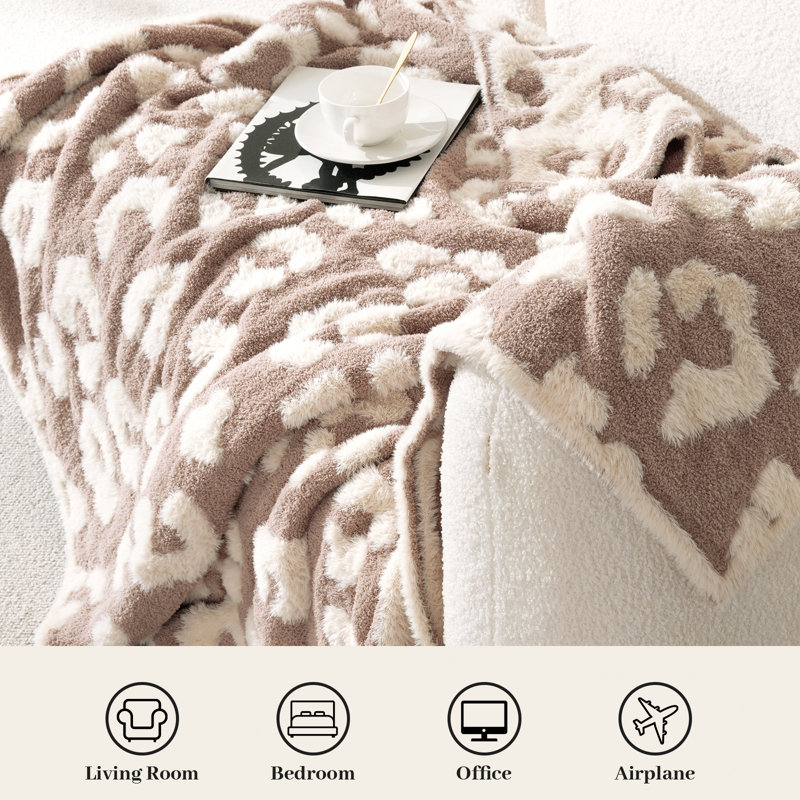 Reversible Checkered Leopard Throw Blanket, Beige Animal Print