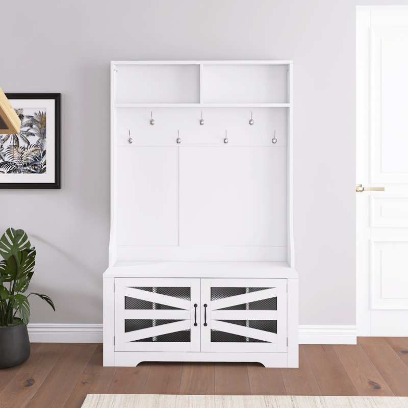 Arbre d'entrée de 43,3 po de largeur avec banc et rangement pour chaussures, Blanc