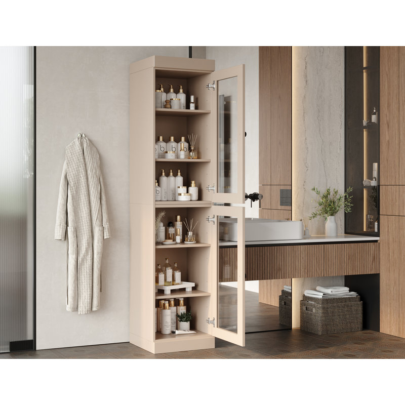 100% Solid Wood 16.5" Bathroom Cabinet with Clear Glass Doors and Adjustable Shelves, Beige