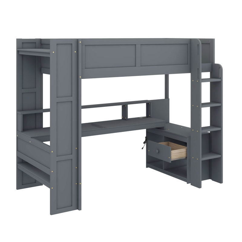 Lit mezzanine en bois avec bureau, tablettes de rangement, éclairage à DEL et station de charge intégrée, Simple