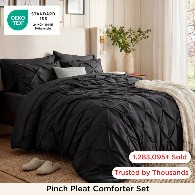 Bedsure Full Pintuck Bed-in-a-Bag- Black Pinch Pleat Comforter with Sheets, Pillowcases & Shams, Black
