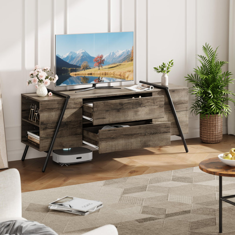 55" Mid-Century TV Stand for 55–60" TVs, Media Console with Adjustable Shelf, 2 Drawers & U-Shaped Metal Legs, Gray