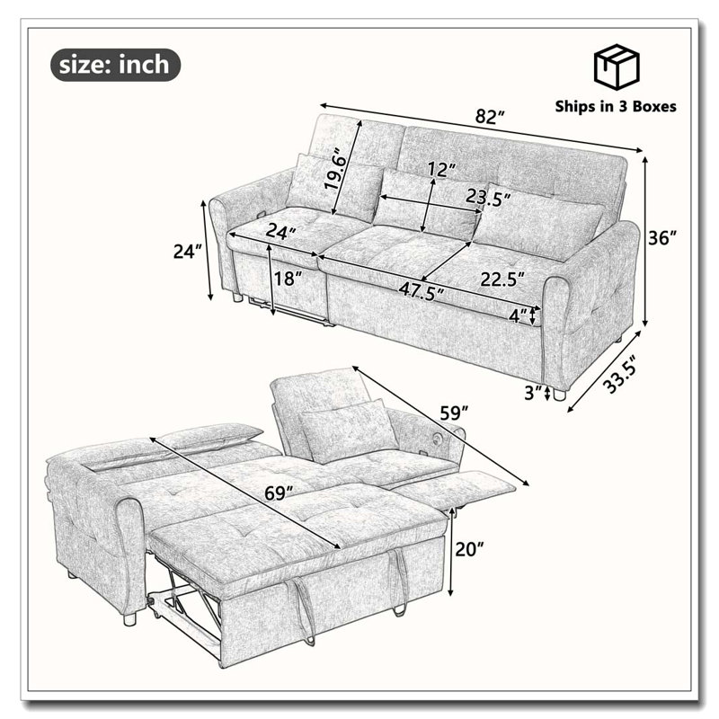 Canapé-lit escamotable en tissu 82 po Chenille, Gris foncé