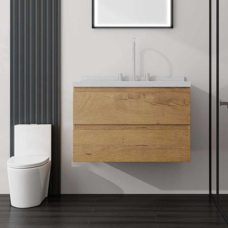 Meuble-lavabo suspendu avec tiroir à fermeture douce et comptoir en marbre de Carrare reconstitué, Chêne