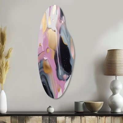 «Gold and Pink Swirl Ink III», art mural en métal abstrait asymétrique en marbre