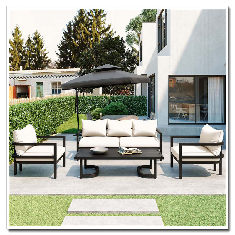 5-Piece Outdoor Steel Sofa Set with Acacia Wood Coffee Table