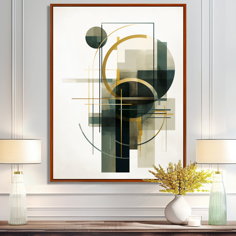 Emerald Gold Retro Geometrics - Minimalisme, art mural, salon, Toile avec cadre flottant brun, H 32 po x l 24 po x P 1 po