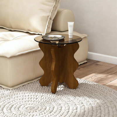 Table d'appoint moderne en verre avec assemblage sans outil, table de bout ronde pour le salon, la chambre à coucher ou le balcon, plateau en verre trempé durable et base en bois d'ingénierie