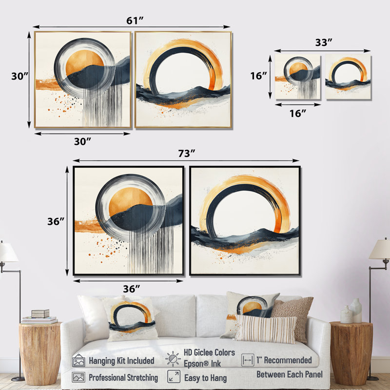 Abstrait gris et jaune, lever de vie I - formes abstraites - art mural moderne, ensemble de 2 pièces, H 16 po x l 33 po, Doré