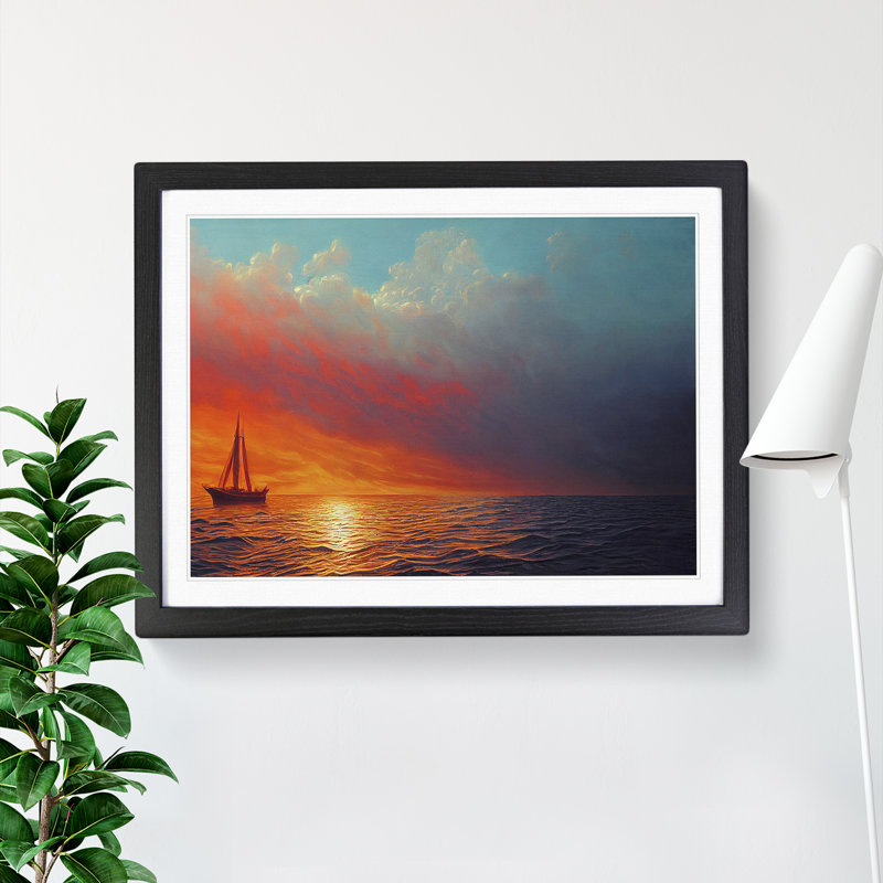 Boat At Sunset - Single Picture Frame Print, Black Framed, 46cm H x 64cm W x 2cm D