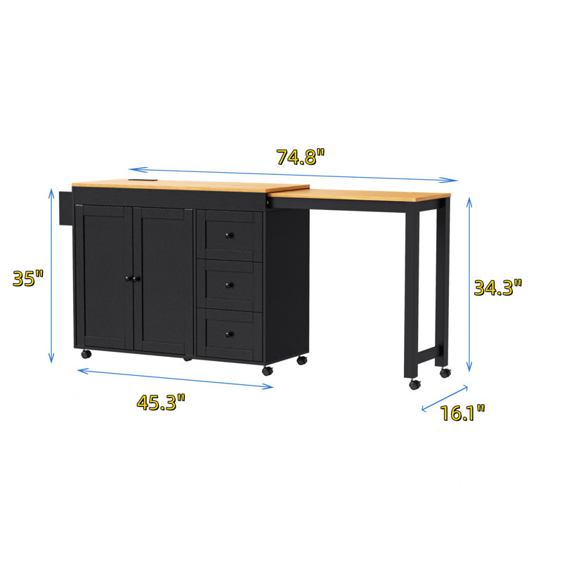 74.8-inch Kitchen Island With Extendable Dining Table, Black