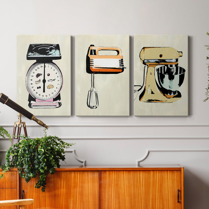 Retro Kitchen Appliance II - Ensemble de 3 peintures sur toile tendue, H 48 po x l 96 po x P 1 po