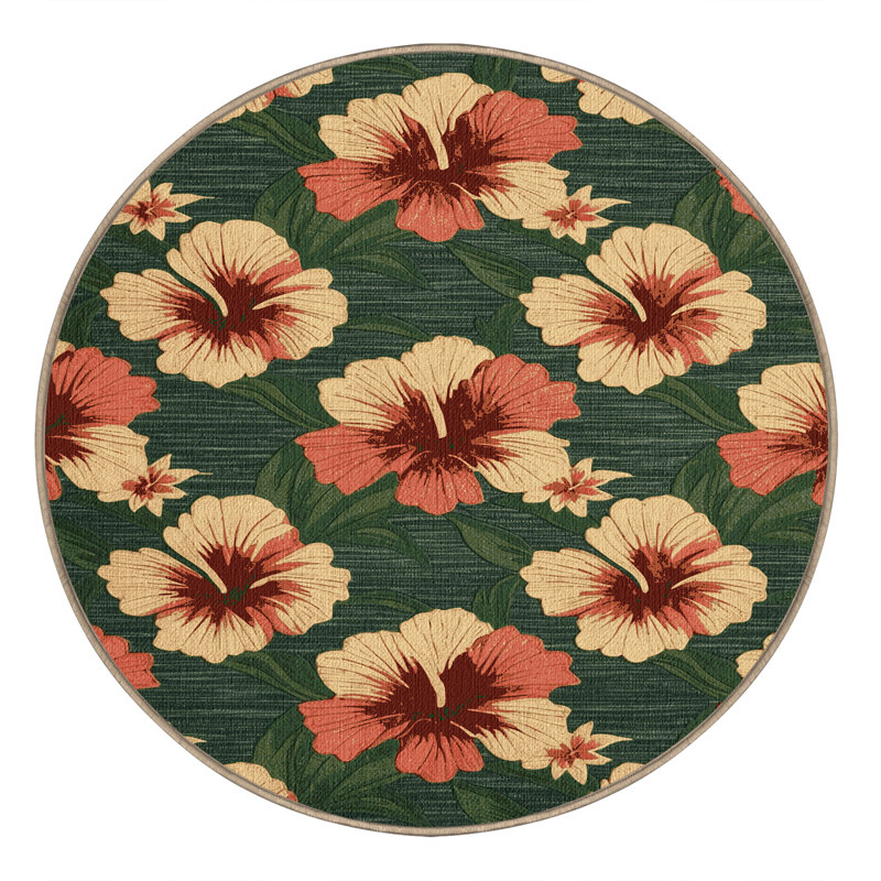 Washable Hibiscus Hawaiian Area Rug, Round 8'