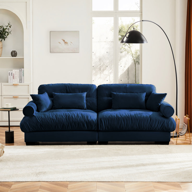 Velours bleu à 2 places avec coussins de siège élégants avec coussins décoratifs et coussins de soutien supplémentaires