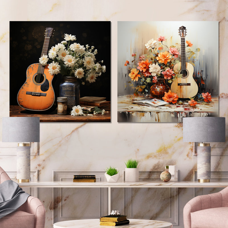 Country Music Melody I - Ensemble de 2 décorations murales musicales, H 36 po x l 73 po x P 1,5 po, Toile tendue