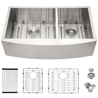 Évier de cuisine en acier inoxydable de calibre 16, double cuve de 36 po, insonorisant, rembourrage, revêtement de condensation, cuve en nickel brossé avec tablier en acier 60/40 et guide en forme de X pour un écoulement en douceur, 3 m