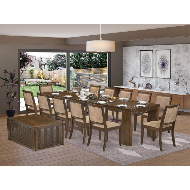 14 Pc Extendable Dining Set Includes 1 Rectangle Xtenczar Kitchen Table, 1 Coffee Table and 12 Brown Textured Leather Stackable Dining Chairs, Antique Walnut