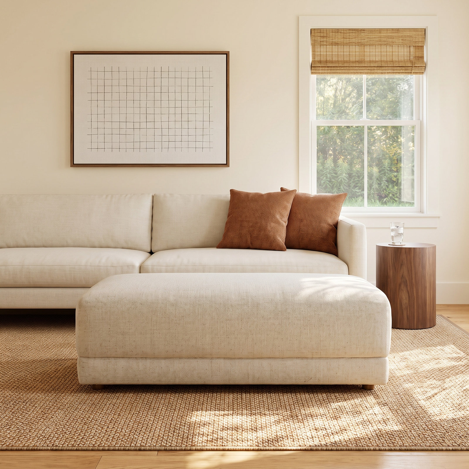 Naples Upholstered Ottoman, Cream Polyester Blend