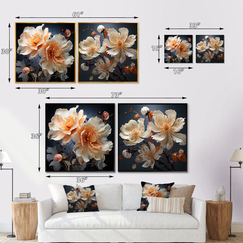 Ensemble de 2 collages carrés Hibiscus, Cadre flottant noir, H 16 po x l 33 po