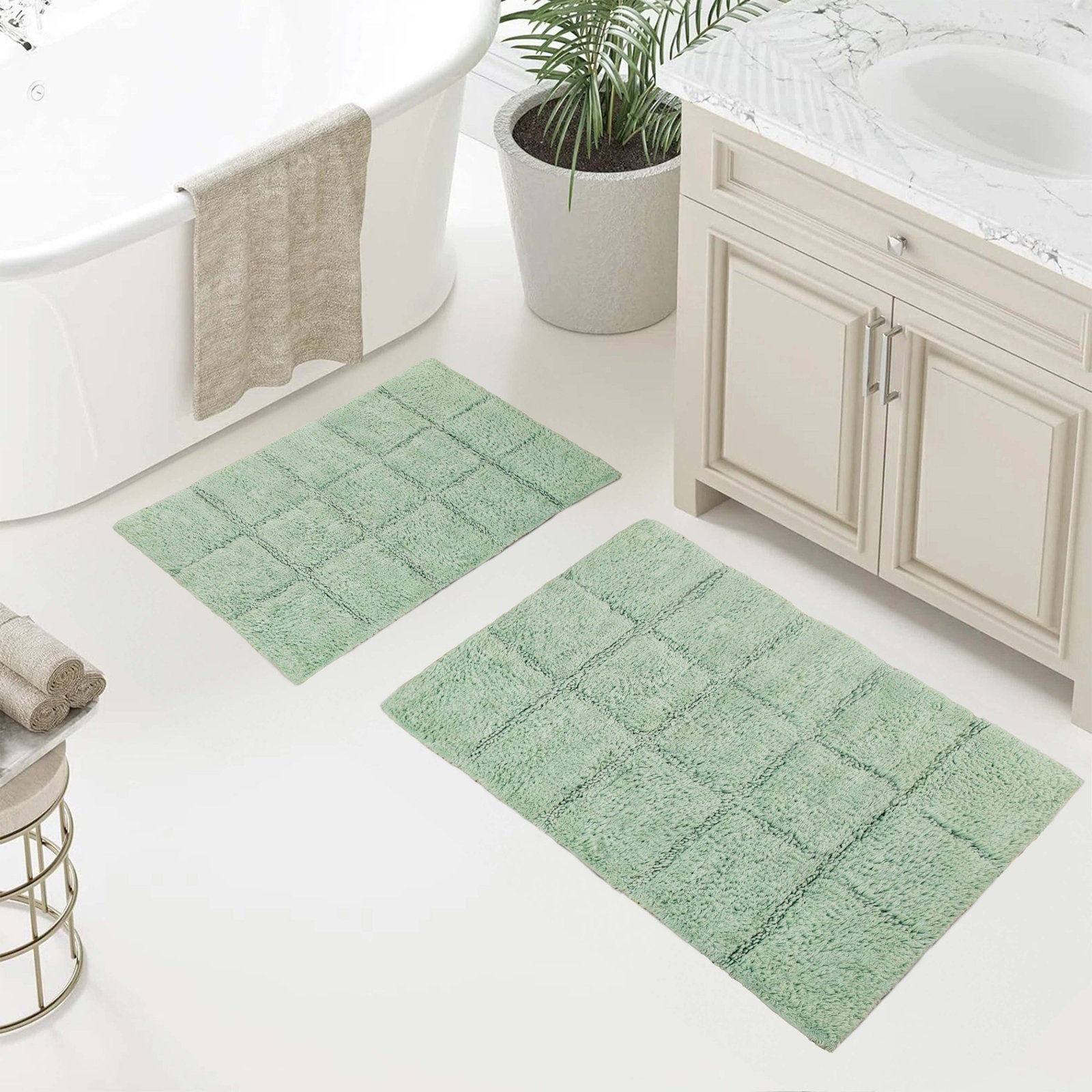 Checkered Cotton Bath Rug, Checkers Sage