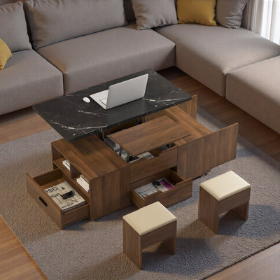 Ensemble de tables basses 3 pièces avec 2 tabourets, 1 rangement caché et tiroirs