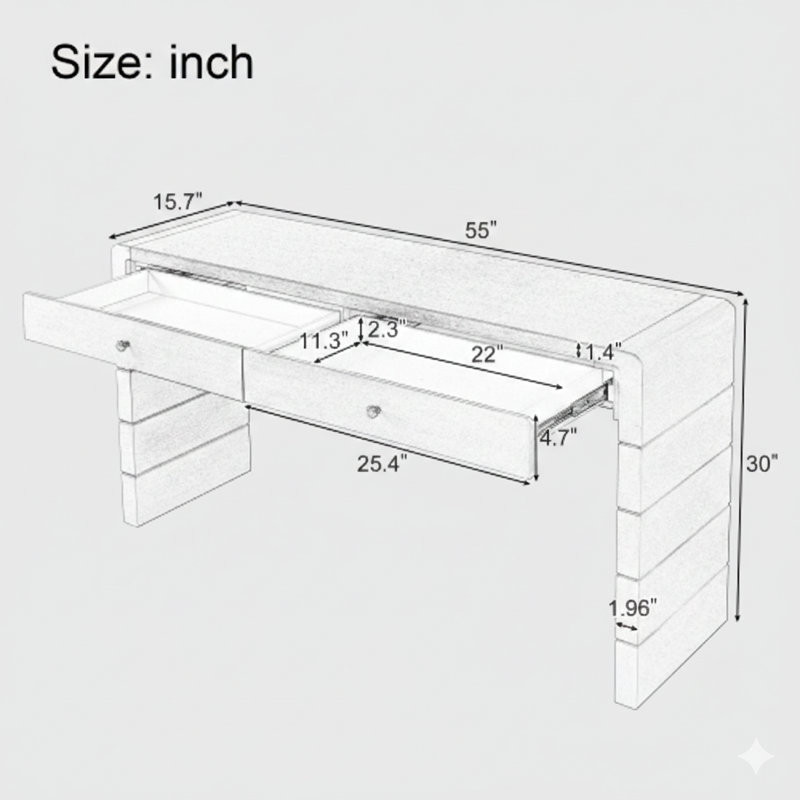 Console élégamment courbée avec rangement, table d'entrée en bois avec deux tiroirs, table de style campagnard rustique pour les entrées, les couloirs et les salons, dans une finition naturelle